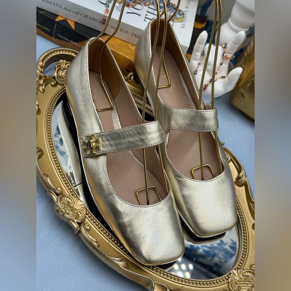 🆕 TORY BURCH 🧿NWOB Gold Leather Square Toe Mary Jane Ballet Flat Sz 7 *SAMPLE*